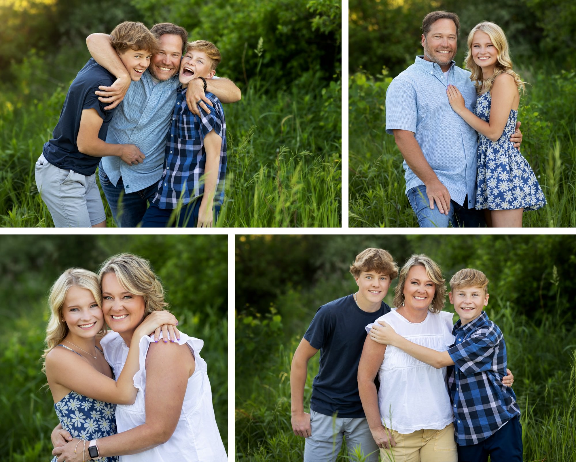 playful photos of dad with sons and mom with daughter during Minnesota summer family session