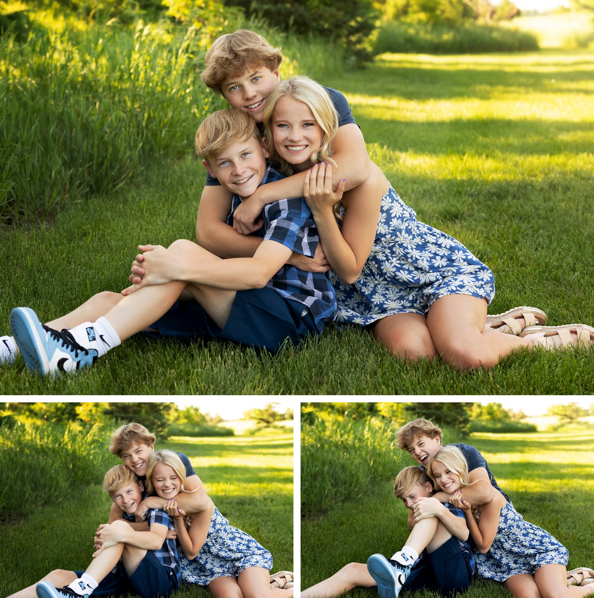 fun photos of siblings cuddling and giggling during minneapolis family session