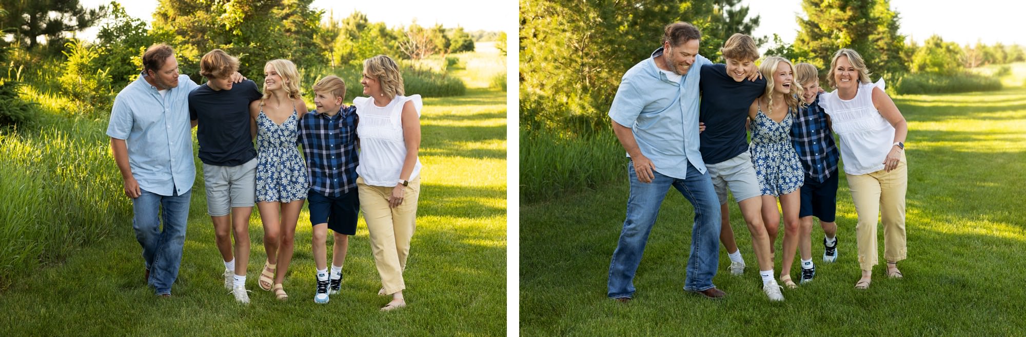 family walking and having fun during summer family session in Minnesota