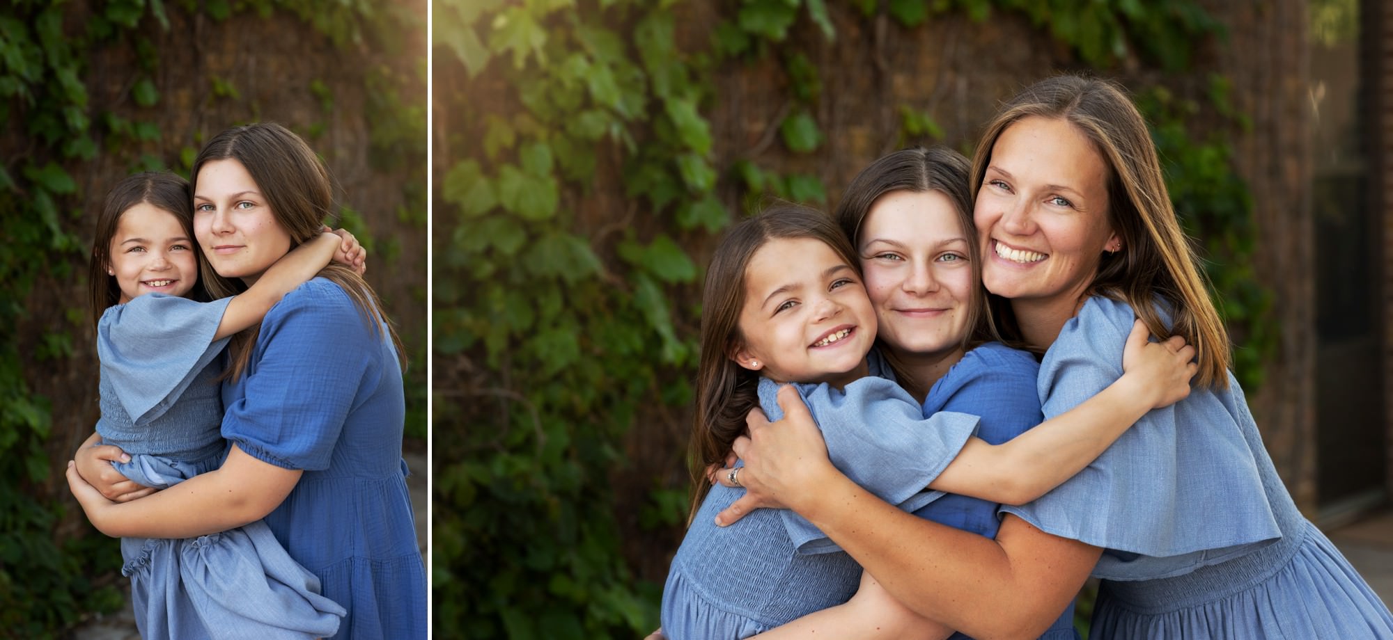 mom and daughters hugging during summer family pics in Minneapolis