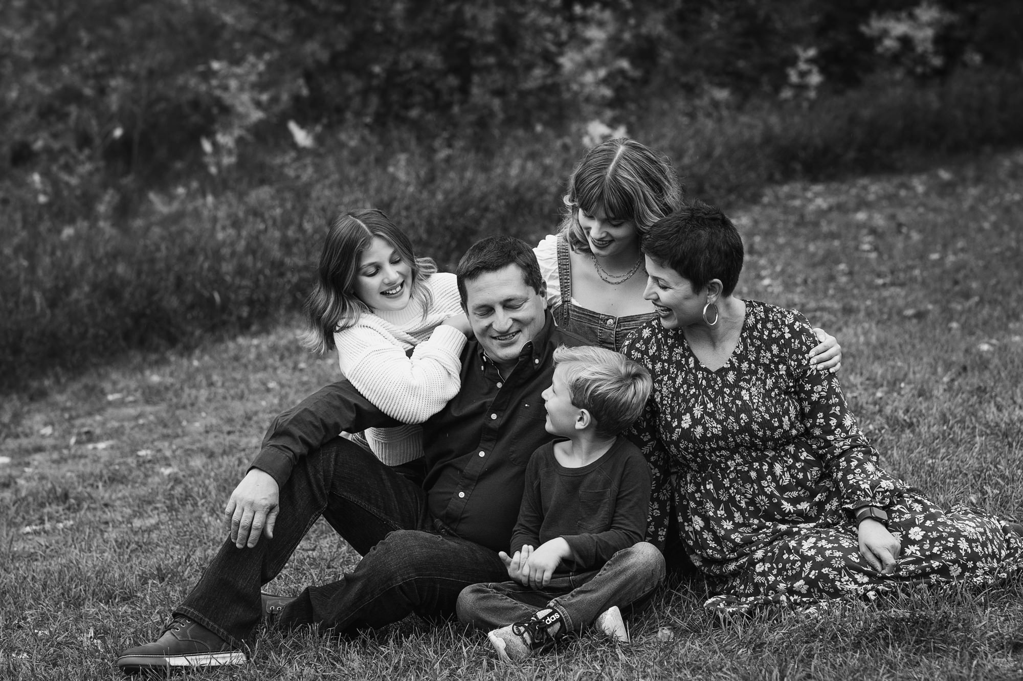 black and white photo of family in central mn