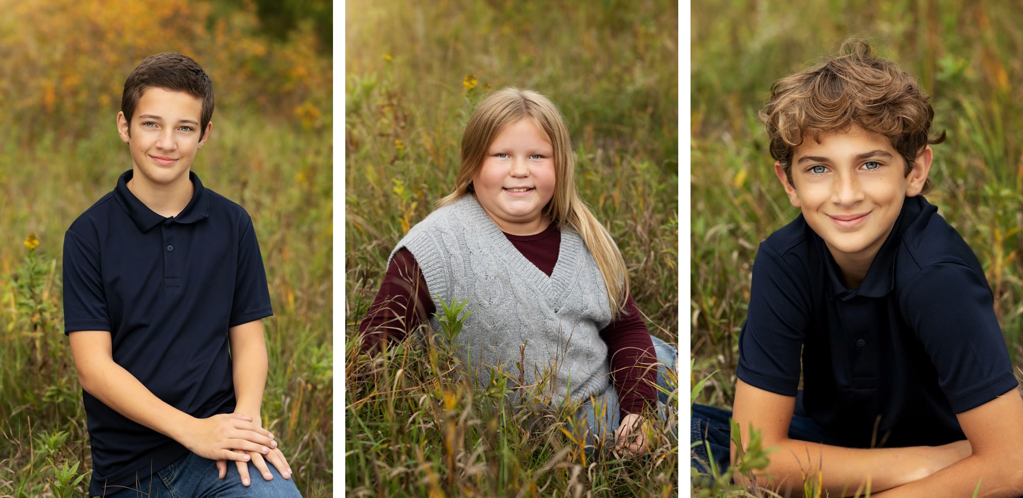 Fall photos of three kids during fall family session