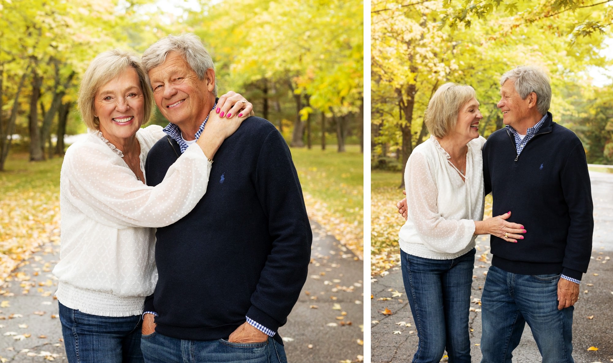 Photos of grandparents laughing surrounded by fall color during extended family session at their home in St.Cloud MN