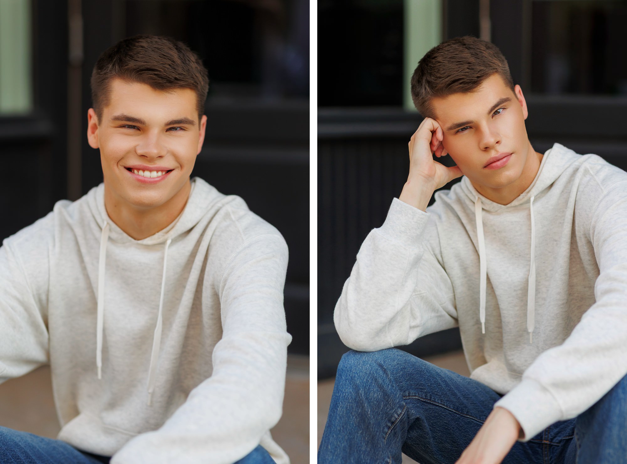 Cathedral High School Senior Jack in casual sweatshirt posing for senior photos in North Loop Minneapolis