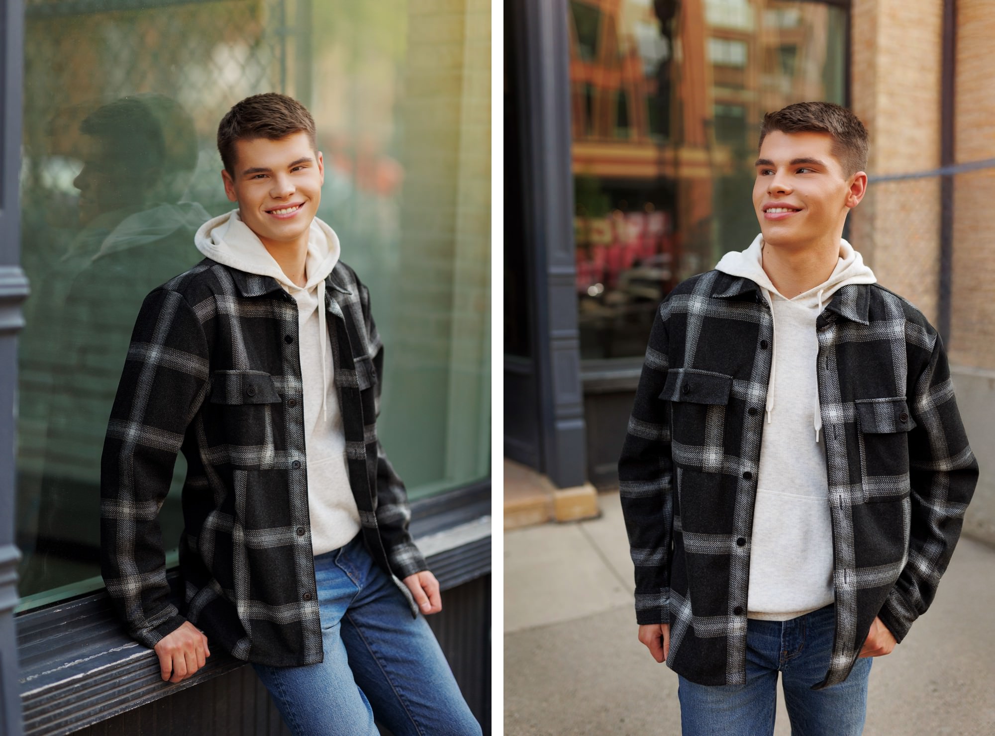 Perfectly styled guy posing for senior pics in front of historic Minneapolis building