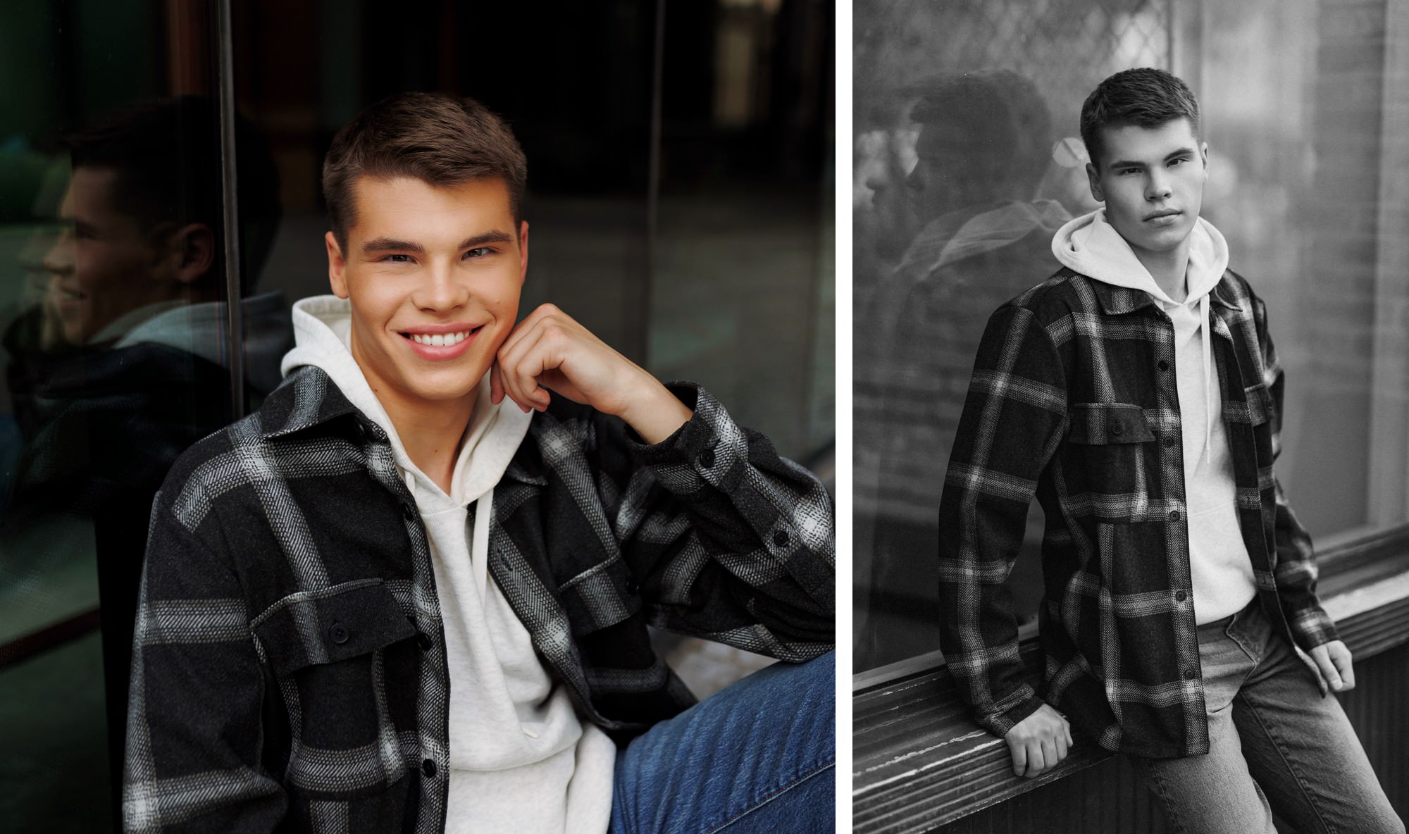 stylish senior guy pictures in front of glass walls in Minneapolis