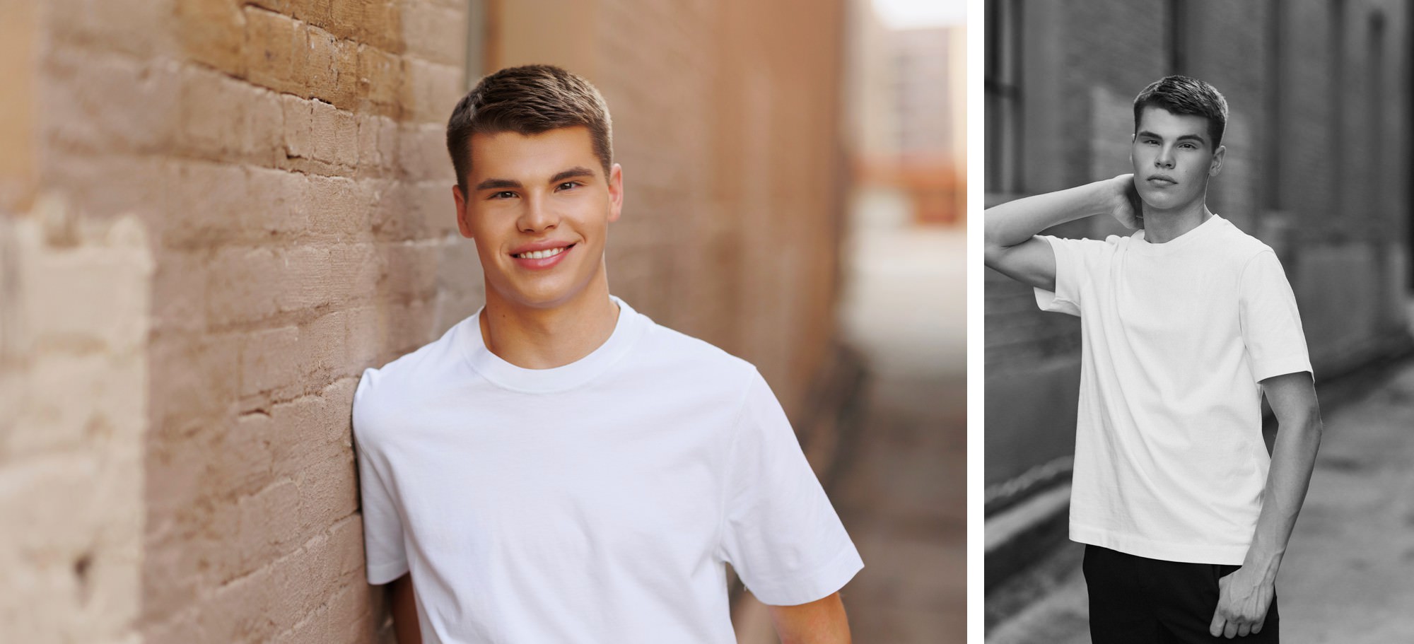 Casual senior photo of guy in Minneapolis alleyway wearing a white t-shirt