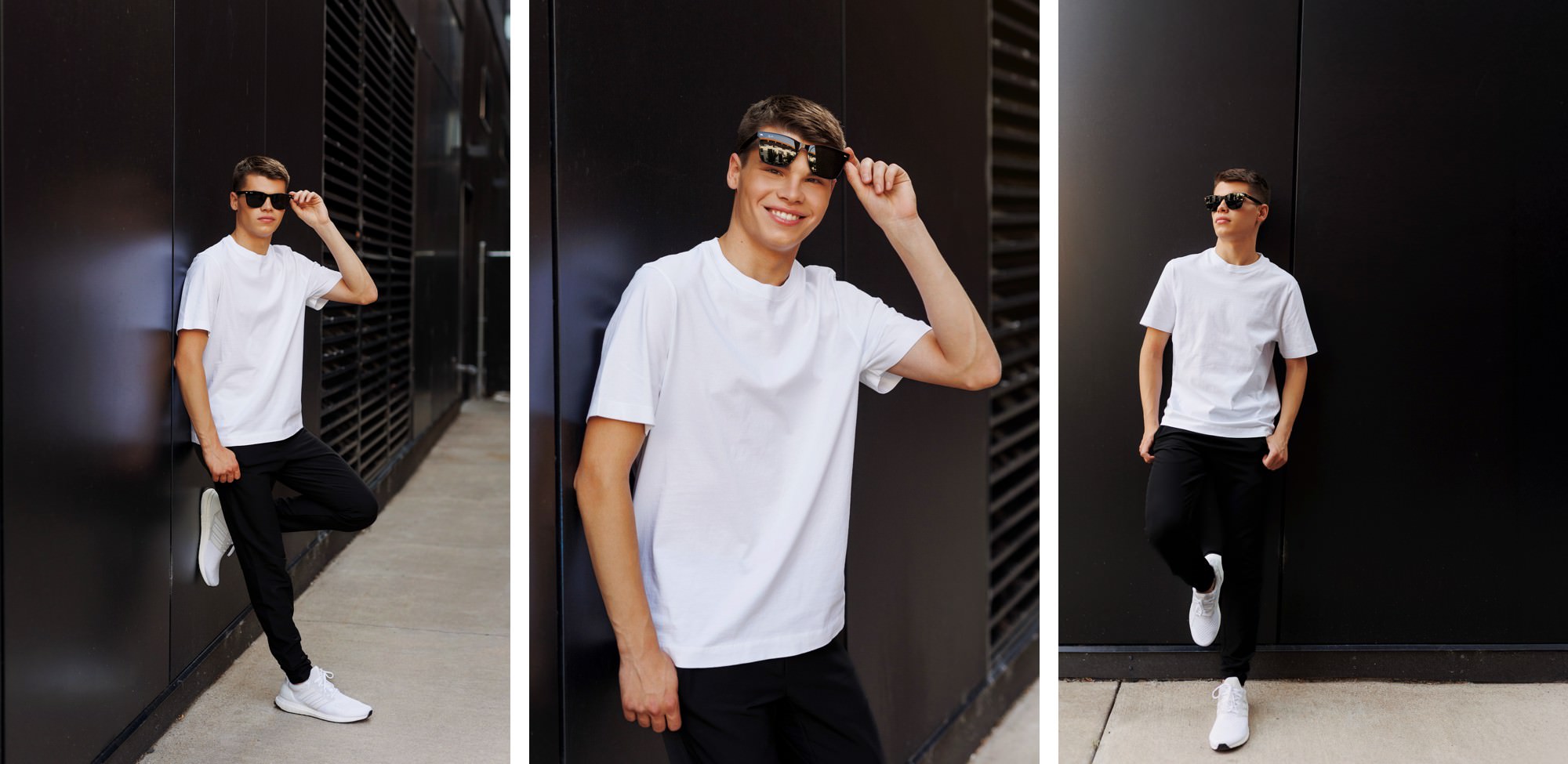 casual black and white location for urban senior guy photos in Minneapolis