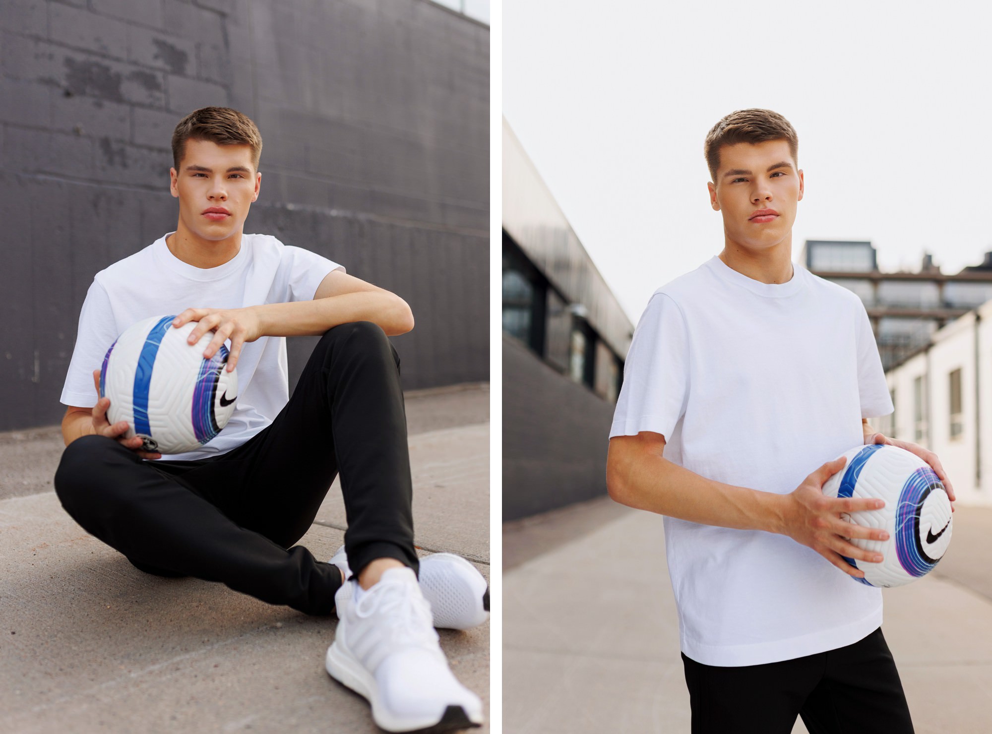 Senior guy in a white shirt holding a soccer ball in an urban location