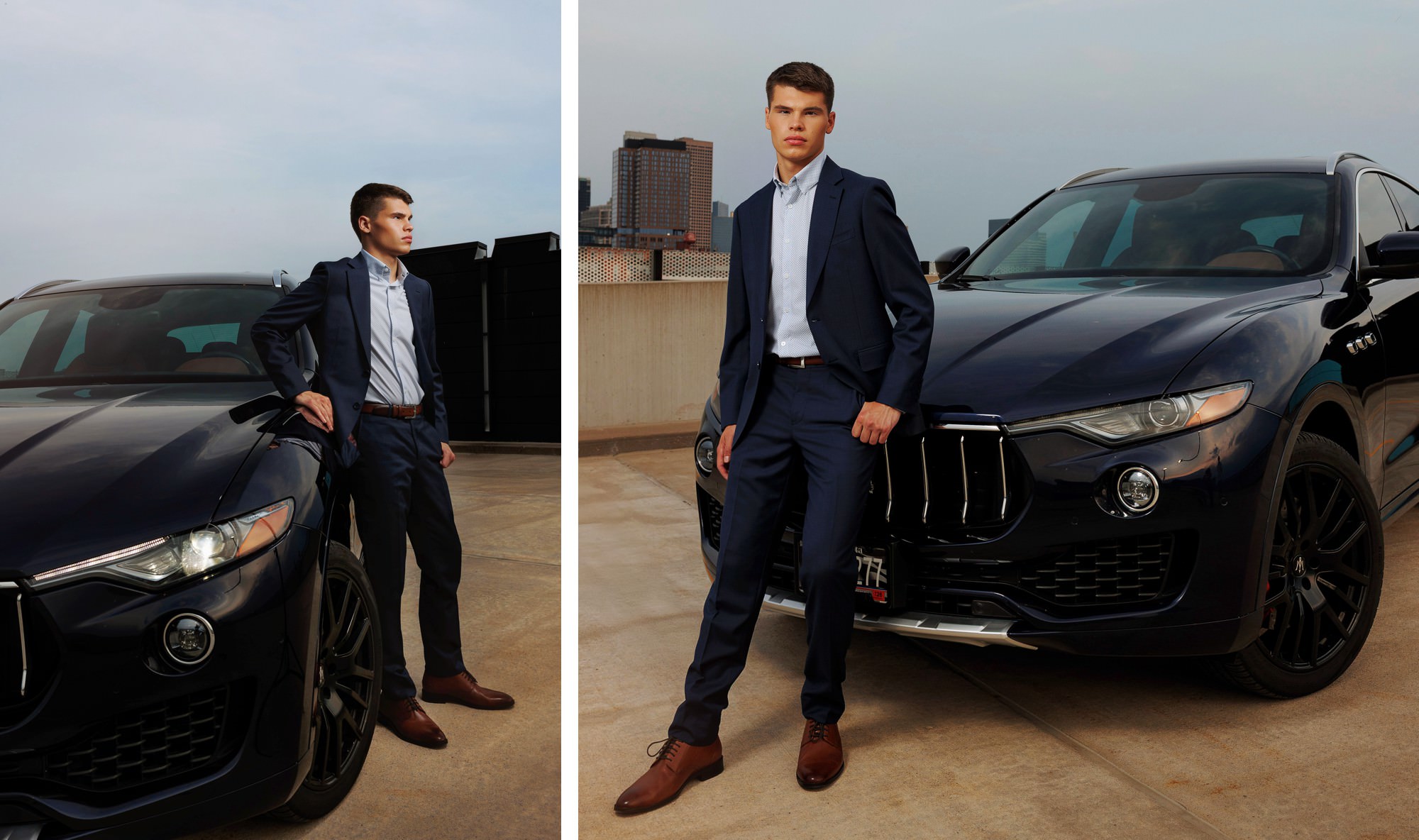 senior Photos of guy with car on Minneapolis parking ramp