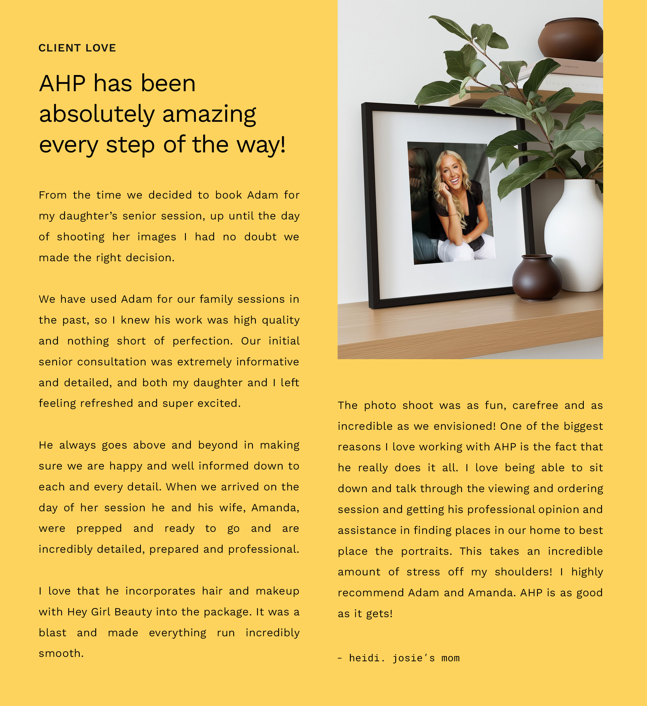 Kind words and testimonial from Mom of minneapolis high school senior talking about their fun and organized senior picture experience that included session planning, hair and makeup, and portrait art selection help with Adam Hommerding Photography