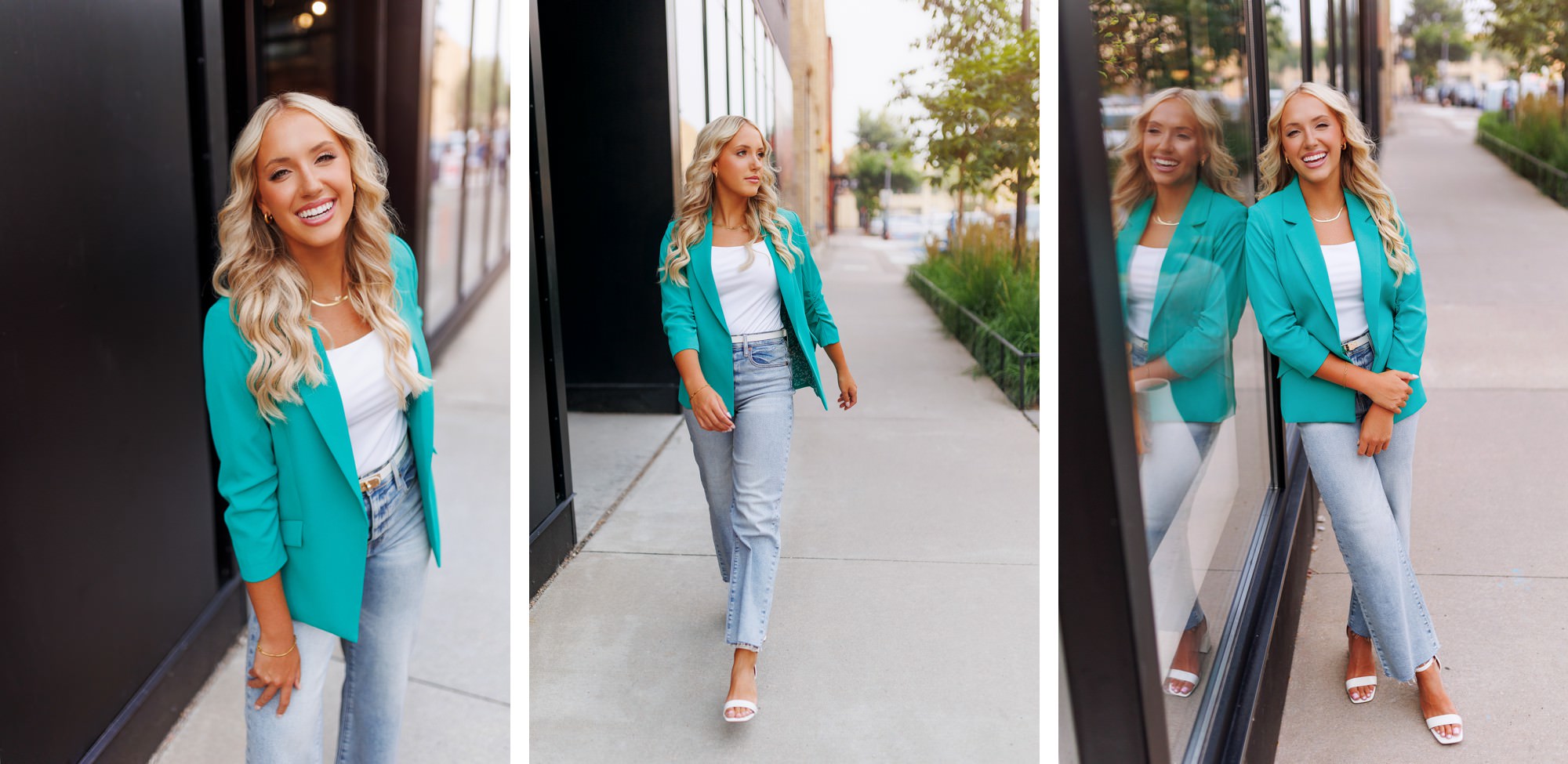 Minneapolis senior photos with teal blazer and urban backdrop