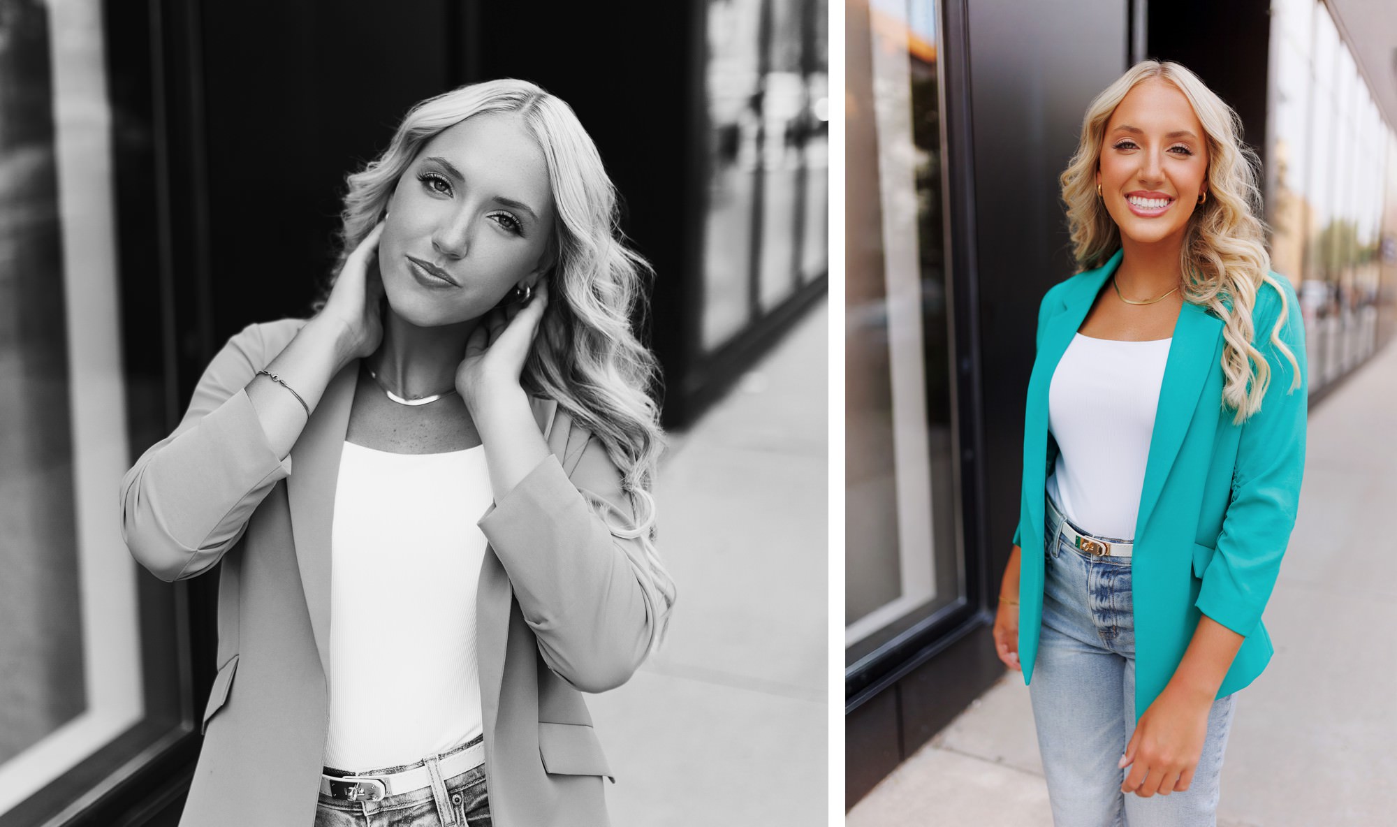 Senior portrait session with layered outfit and city background