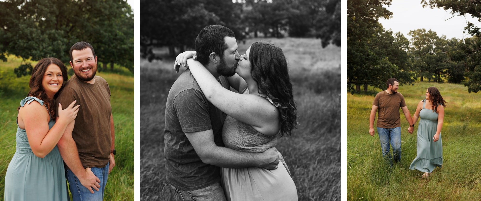 Playful photos of young couple walking and playing in a Minnesota summer field