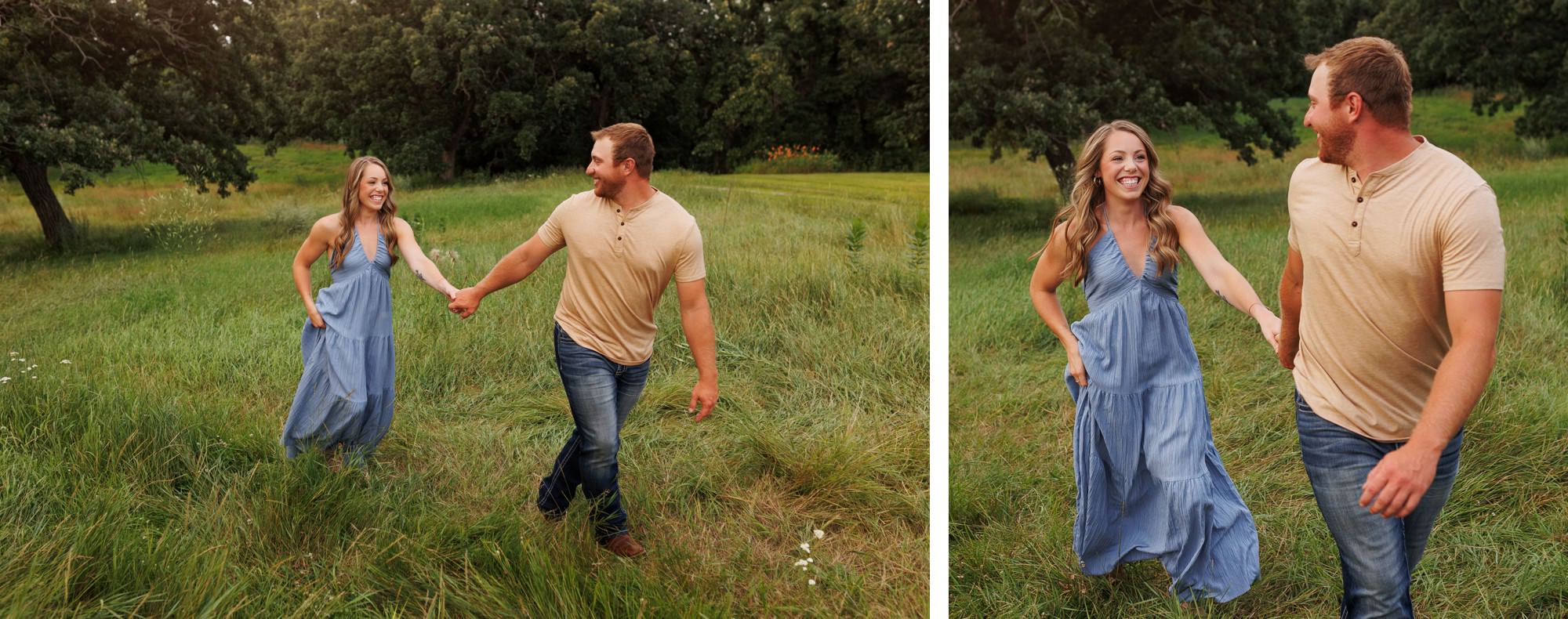 Newly engaged young couple running through a Minnesota grass field laughing and looking at each other during family photos
