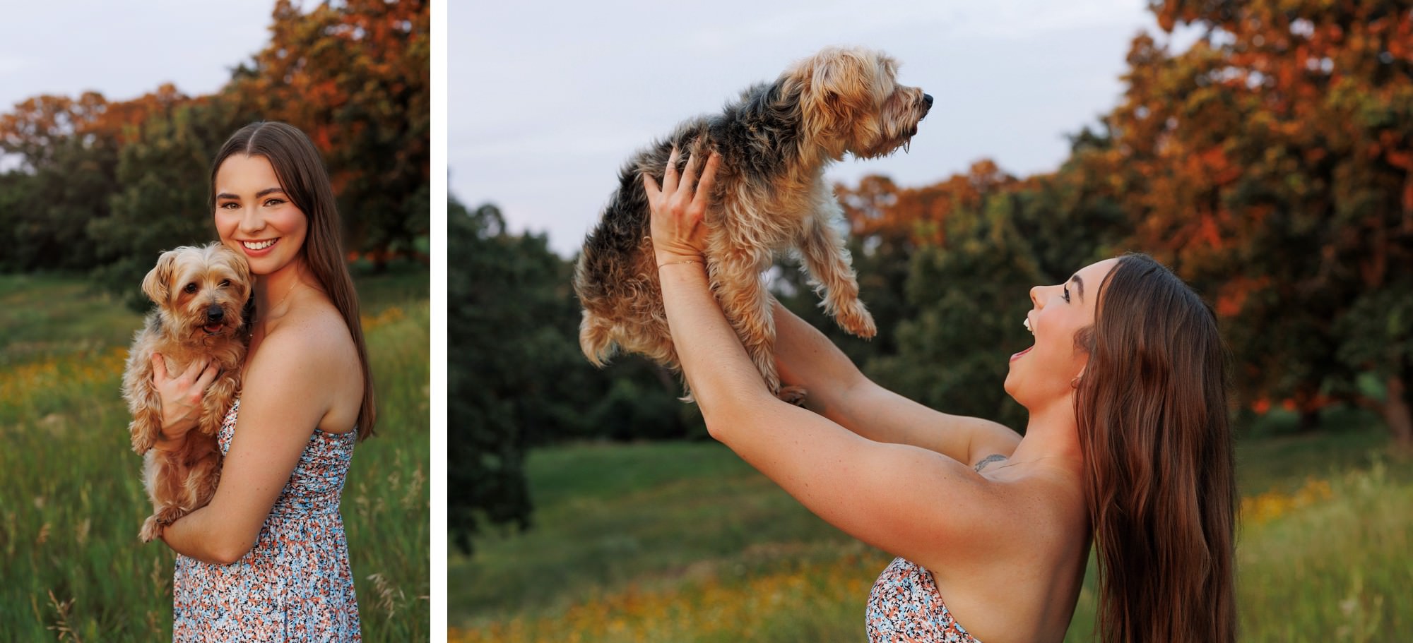 Young woman holding her dog during a relaxed outdoor family portrait session in Minnesota.