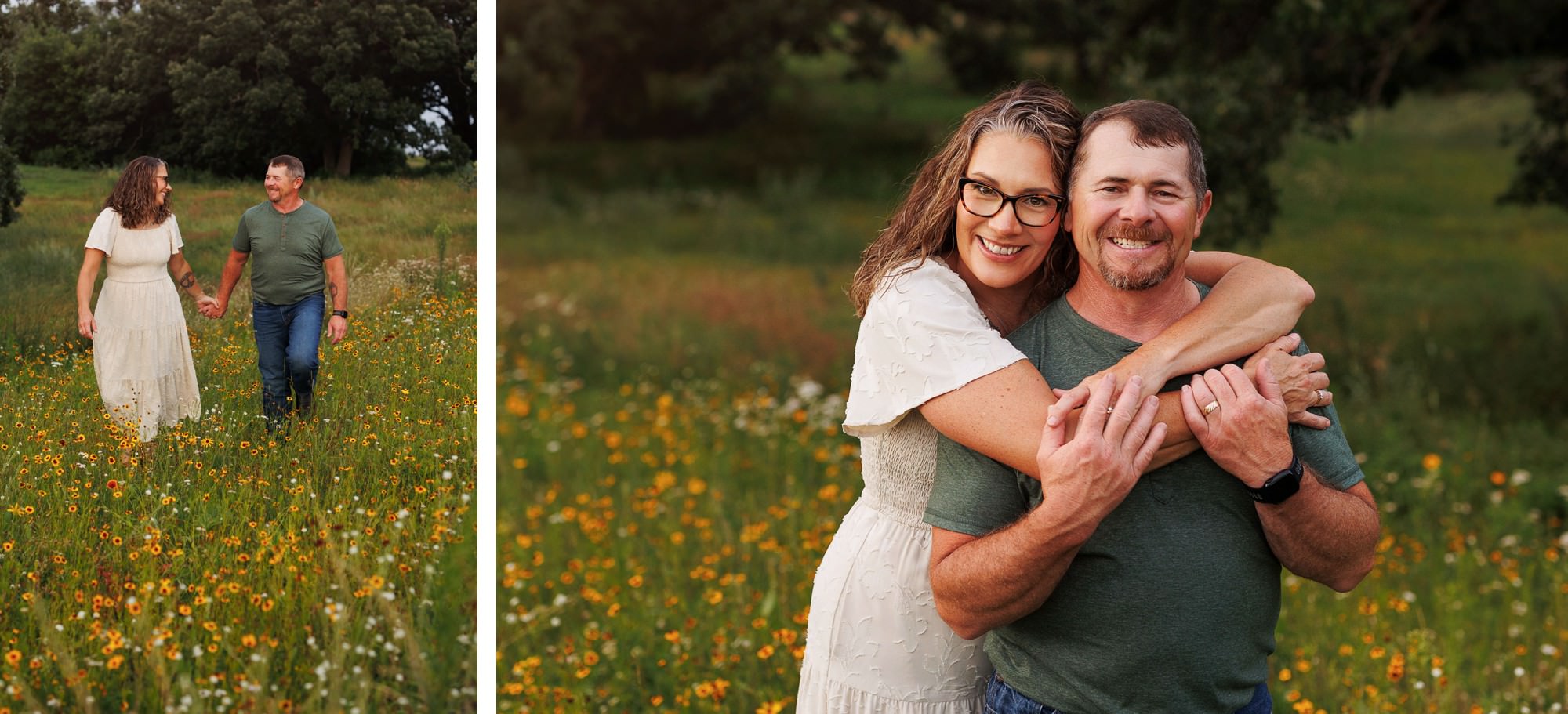 Couple walking through a wildflower field during a relaxed Minnesota family session.