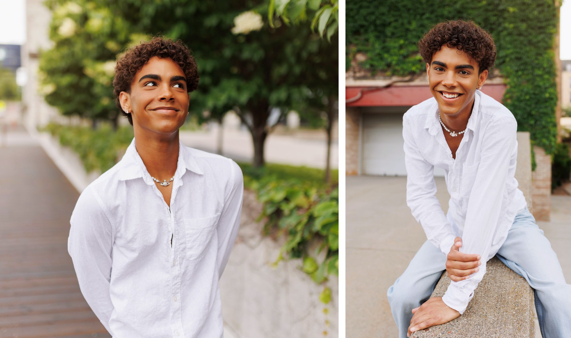 Playful senior photo of handsome senior boy in Minneapolis near stone arch bridge