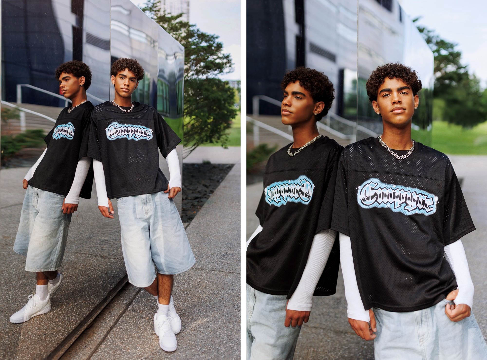 Creative Minneapolis senior pictures featuring modern streetwear and city reflections