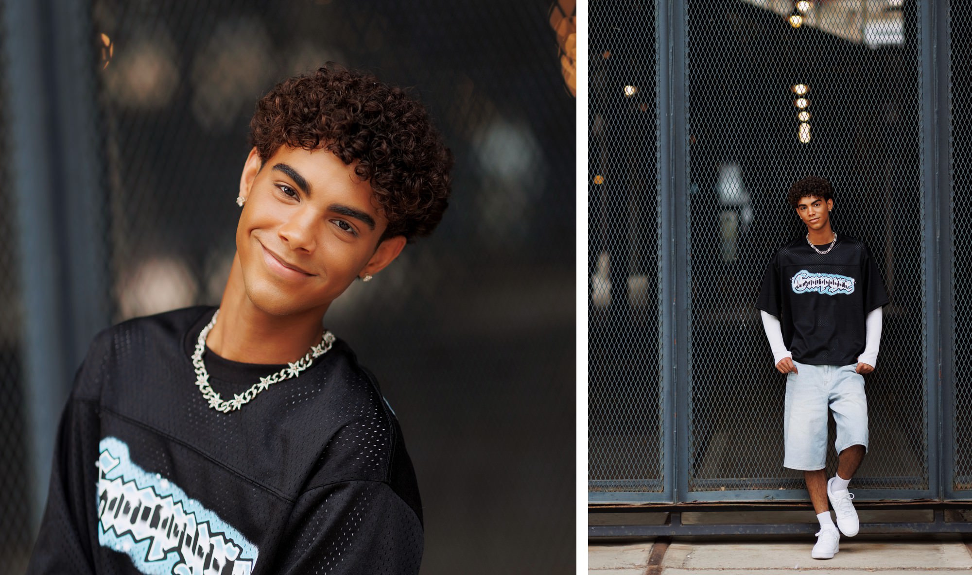 Senior boy in edgy outfit against modern metal near Minneapolis farmers market location
