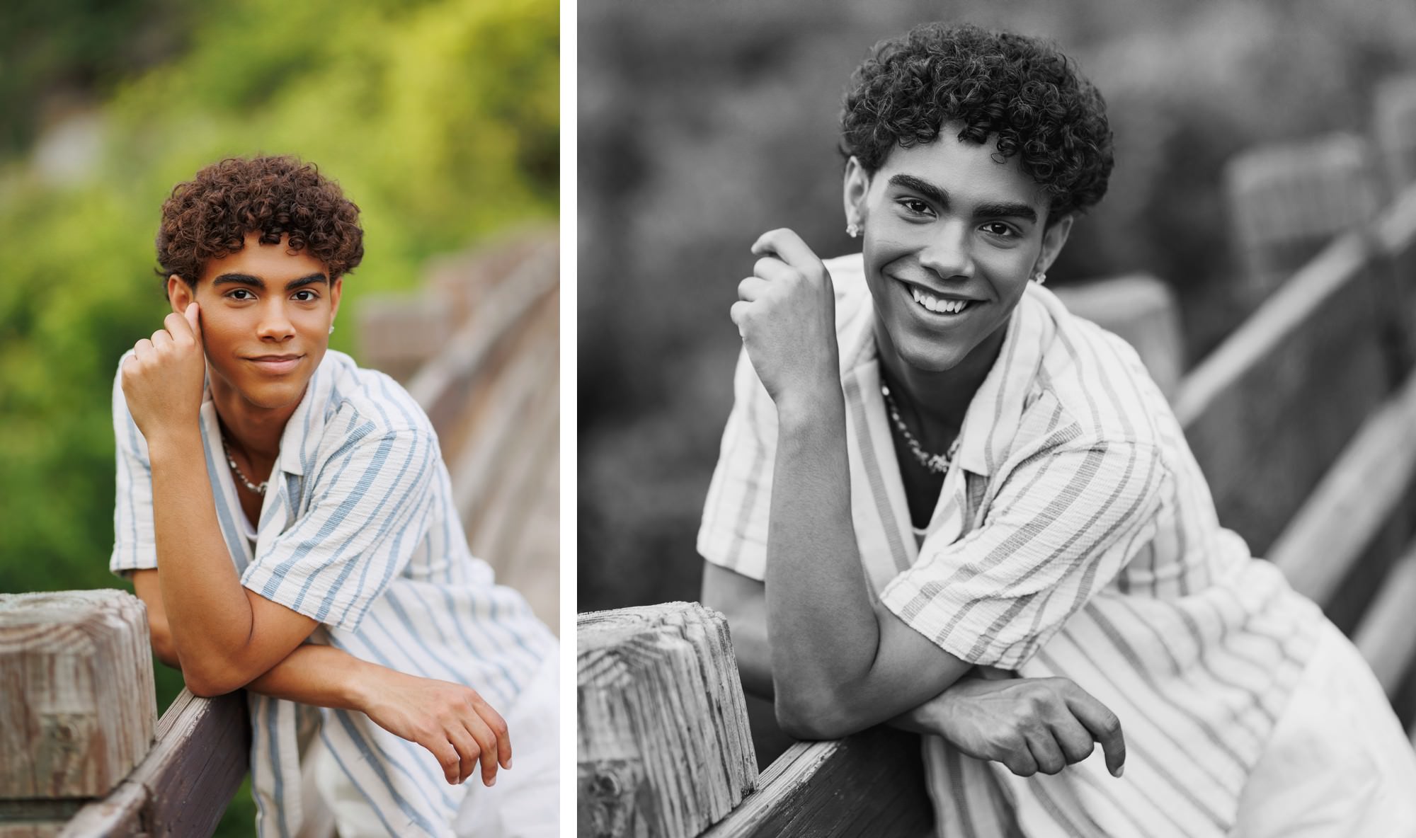 casual portrait of minneapolis senior guy standing on a bridge