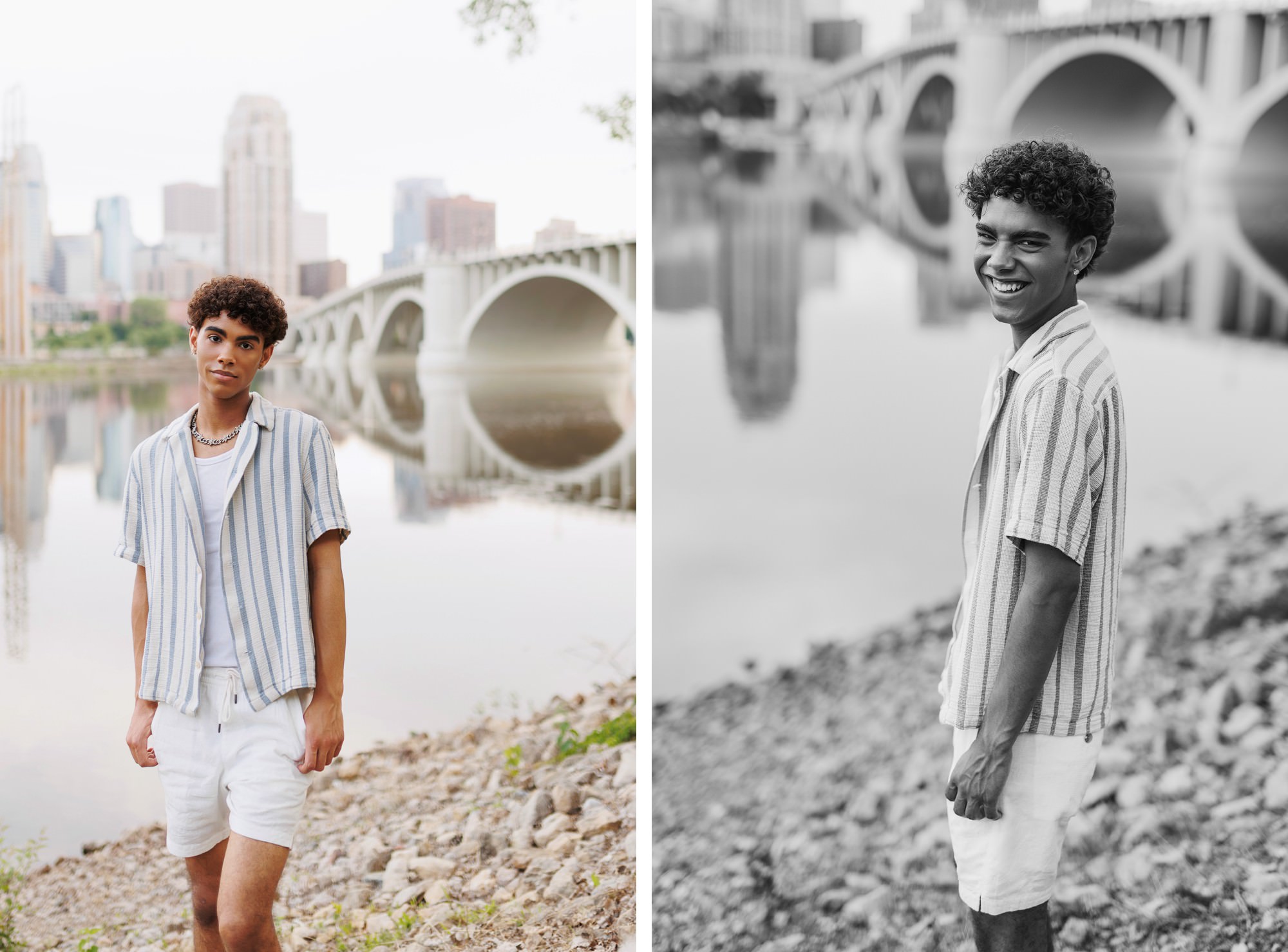 personality filled senior photos of boy near minneapolis along St. Anthony Main walkway
