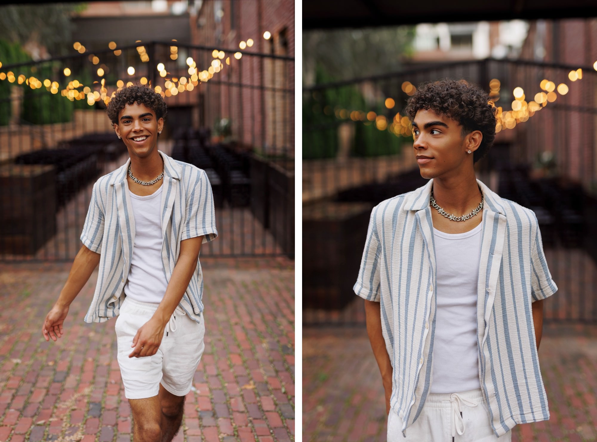 High School Senior Portraits with twinkling lights in the background