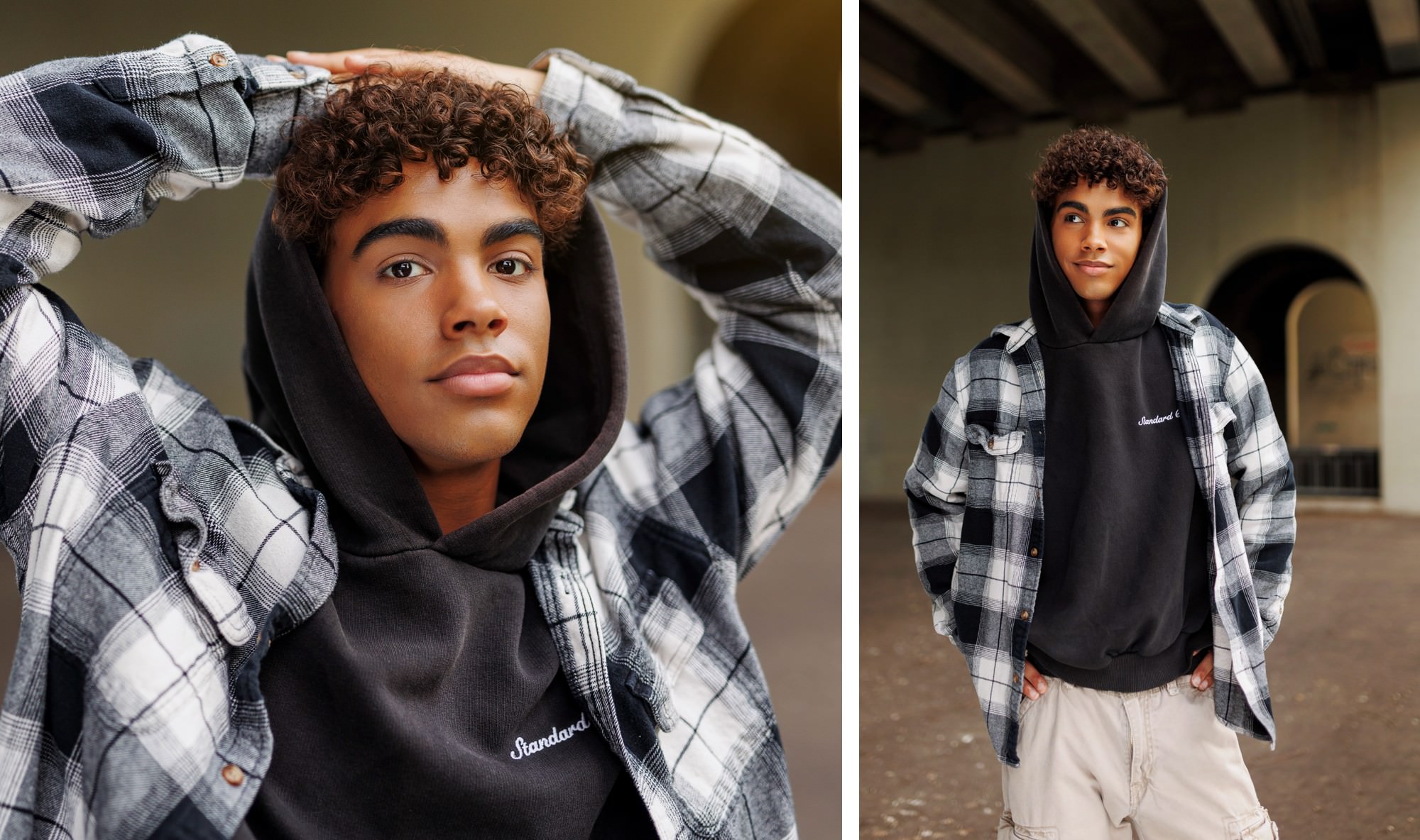 casual senior portraits of senior guy wearing black and white outfit